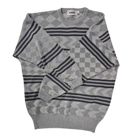 90s Y2K Mondo Italian Mens Sweater Silver/Black Diamond Stripe Zigzag Sz M - Picture 5 of 9